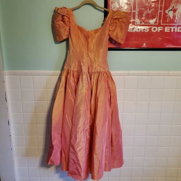 Vintage 80s Peach Ombre Poofy High Low Fit and Flare 3D Floret Prom Dress - Picture 10 of 13